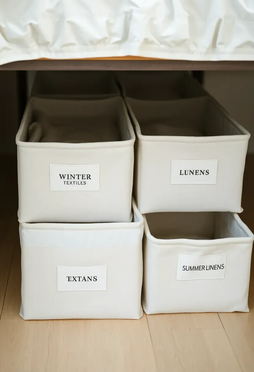 Hyper-realistic detail shot of organized under-bed storage bins with seasonal rotation labels showing minimalist storage system. Materials: white fabric under-bed storage bins, simple linen labels with 