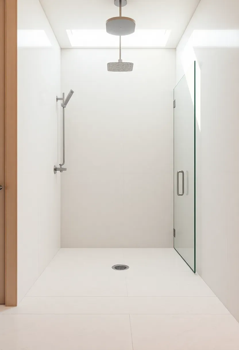 curbless walk-in shower with rainfall head and seamless floor tiles