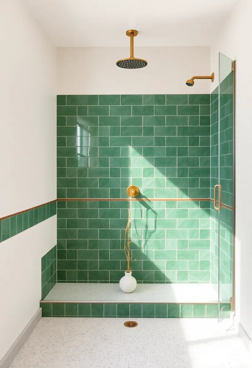 Two-tone shower with green zellige tile wainscot below and white plaster walls above, brass fixtures