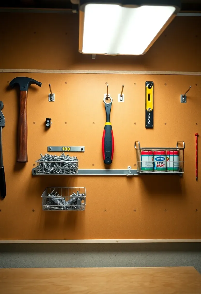 Basement workshop pegboard wall with adjustable shelves, hooks holding tools, and small wire baskets for hardware and supplies