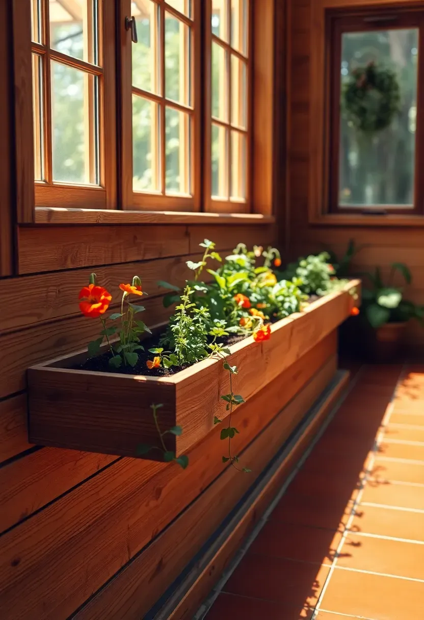 Low cedar raised planter bench in a sunroom filled with herbs and compact flowering plants with wooden slat bench seat on top and terracotta floor below