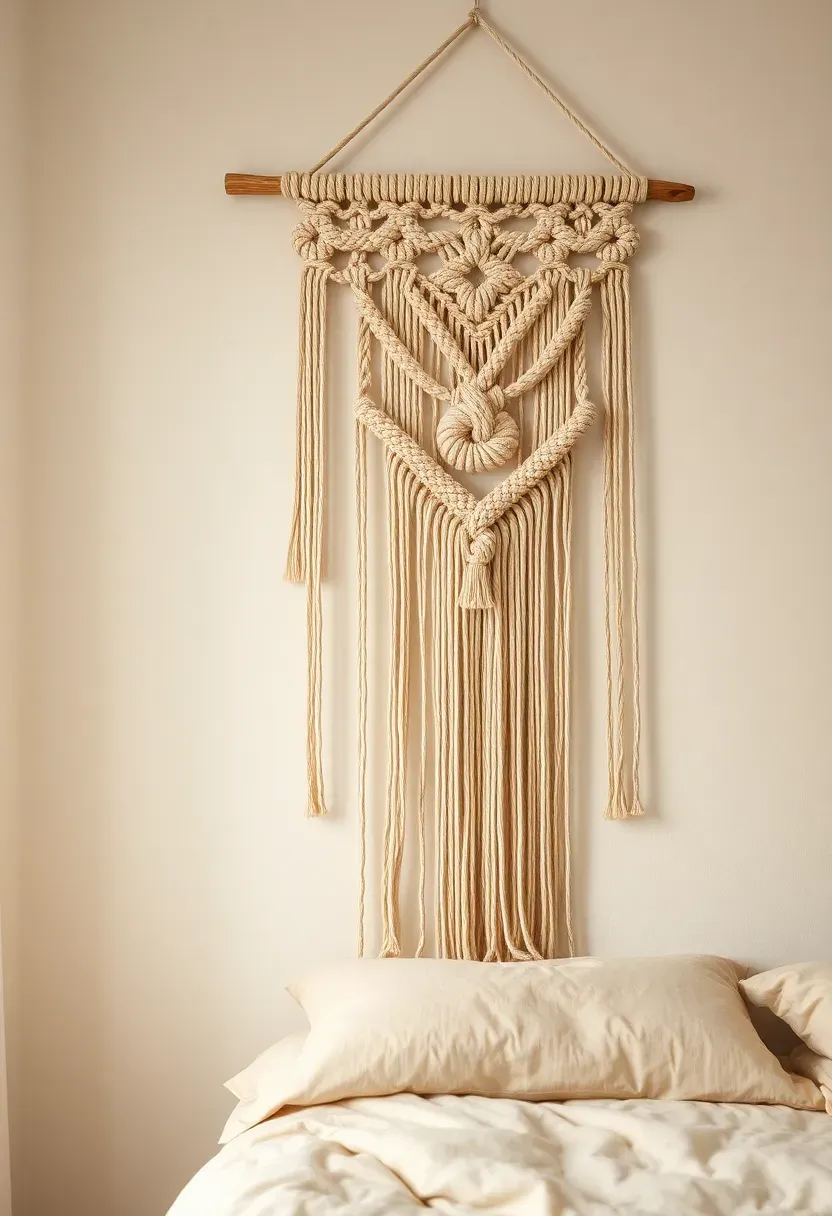 large bohemian macrame wall hanging with fringe and geometric knot patterns in a bedroom