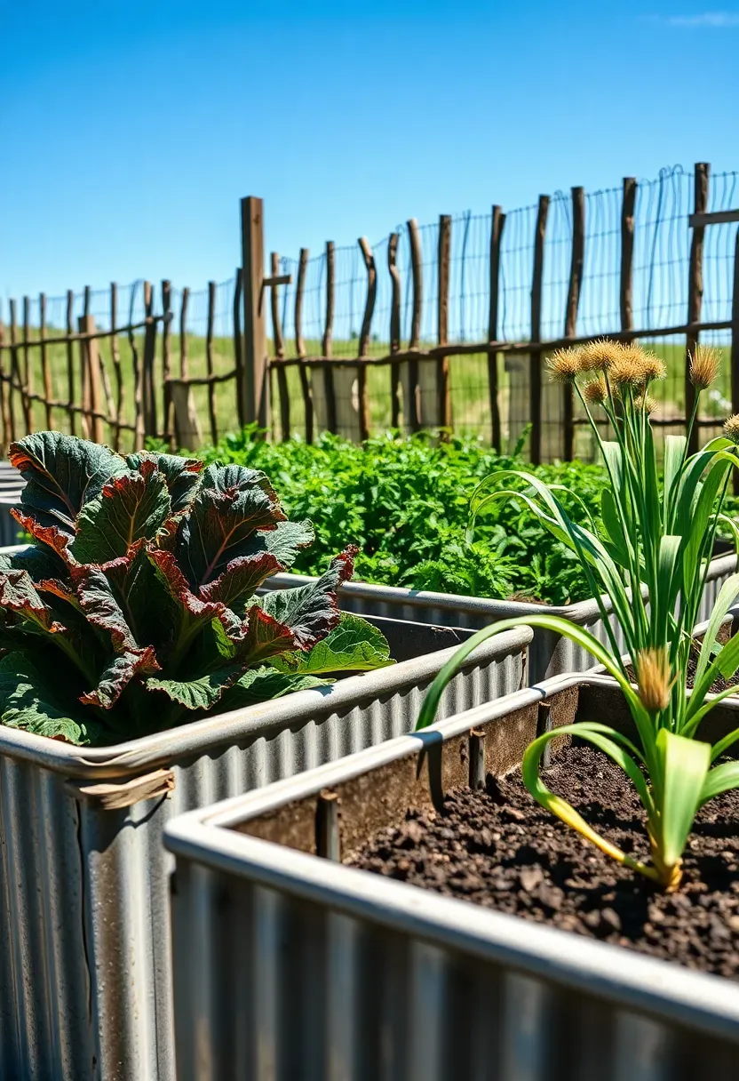 Row of corrugated iron raised garden beds with a rustic farmhouse feel, planted with vegetables in a country garden with a wooden fence and open sky behind