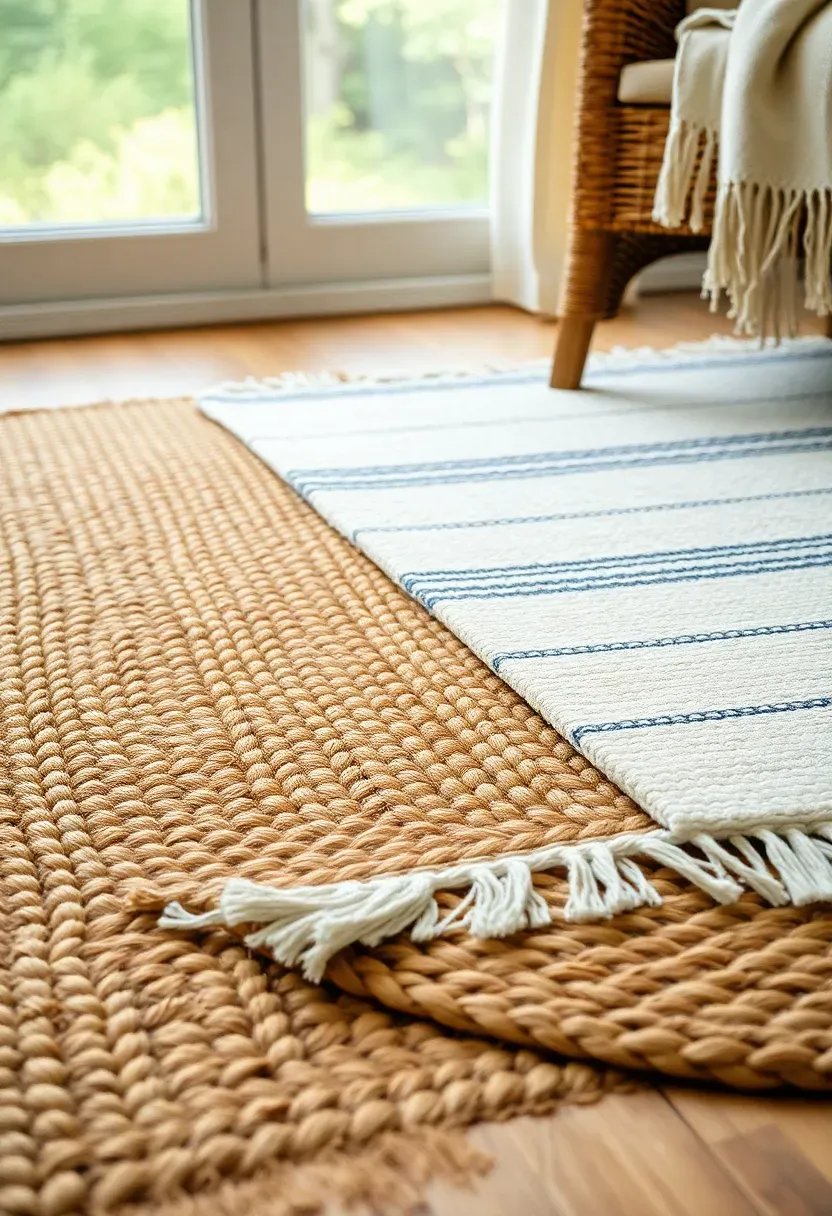 Layered jute and white cotton flat-weave rugs overlapping on a sunroom floor beneath a wicker armchair with a throw blanket draped over the arm
