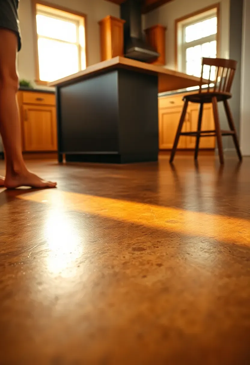 polished concrete kitchen floor with radiant heating in a barndominium with warm ambient lighting