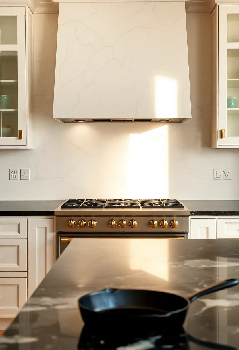 floor-to-ceiling marble slab backsplash behind range with white cabinets and dark granite island countertop
