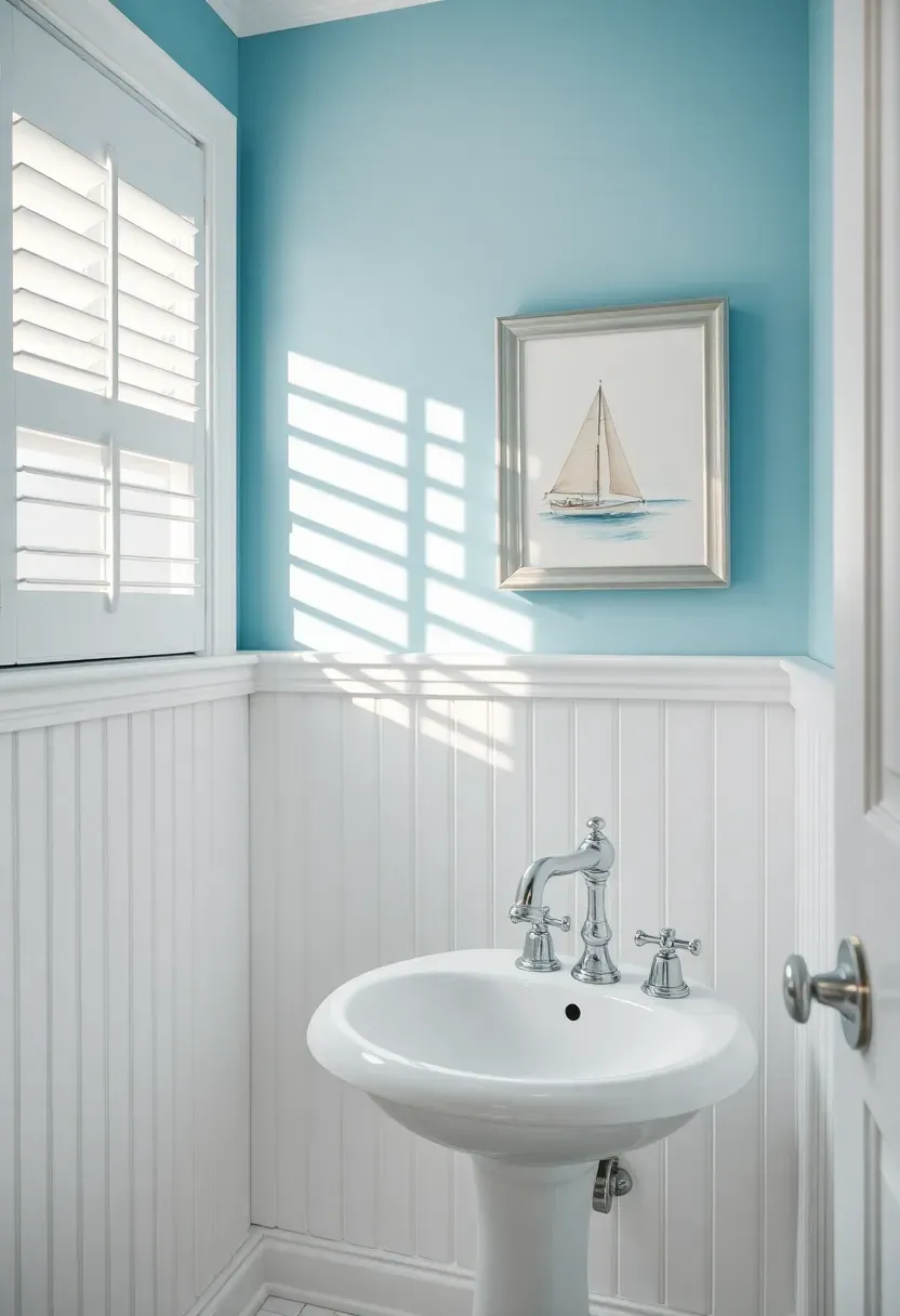 Traditional Cape Cod bathroom with white beadboard wainscoting, soft blue upper walls, chrome fixtures, a pedestal sink, and a framed sailboat print