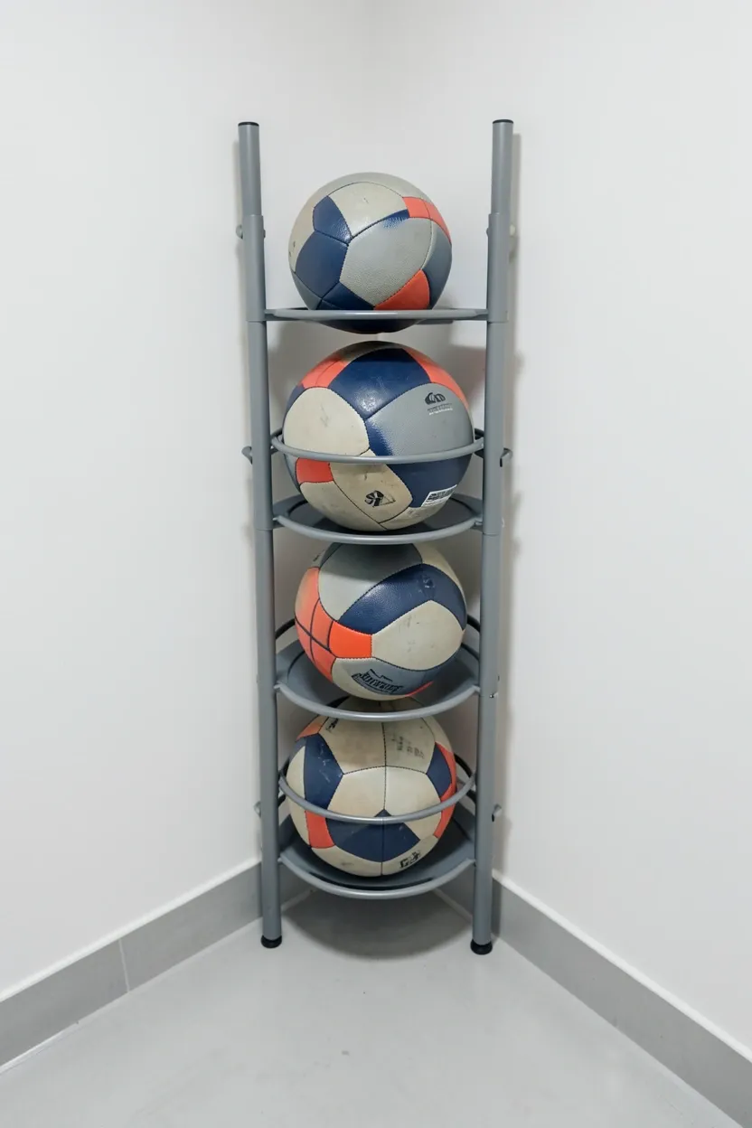 Vertical rack keeping multiple medicine balls separated and secure on rubber-lined supports in a compact gym