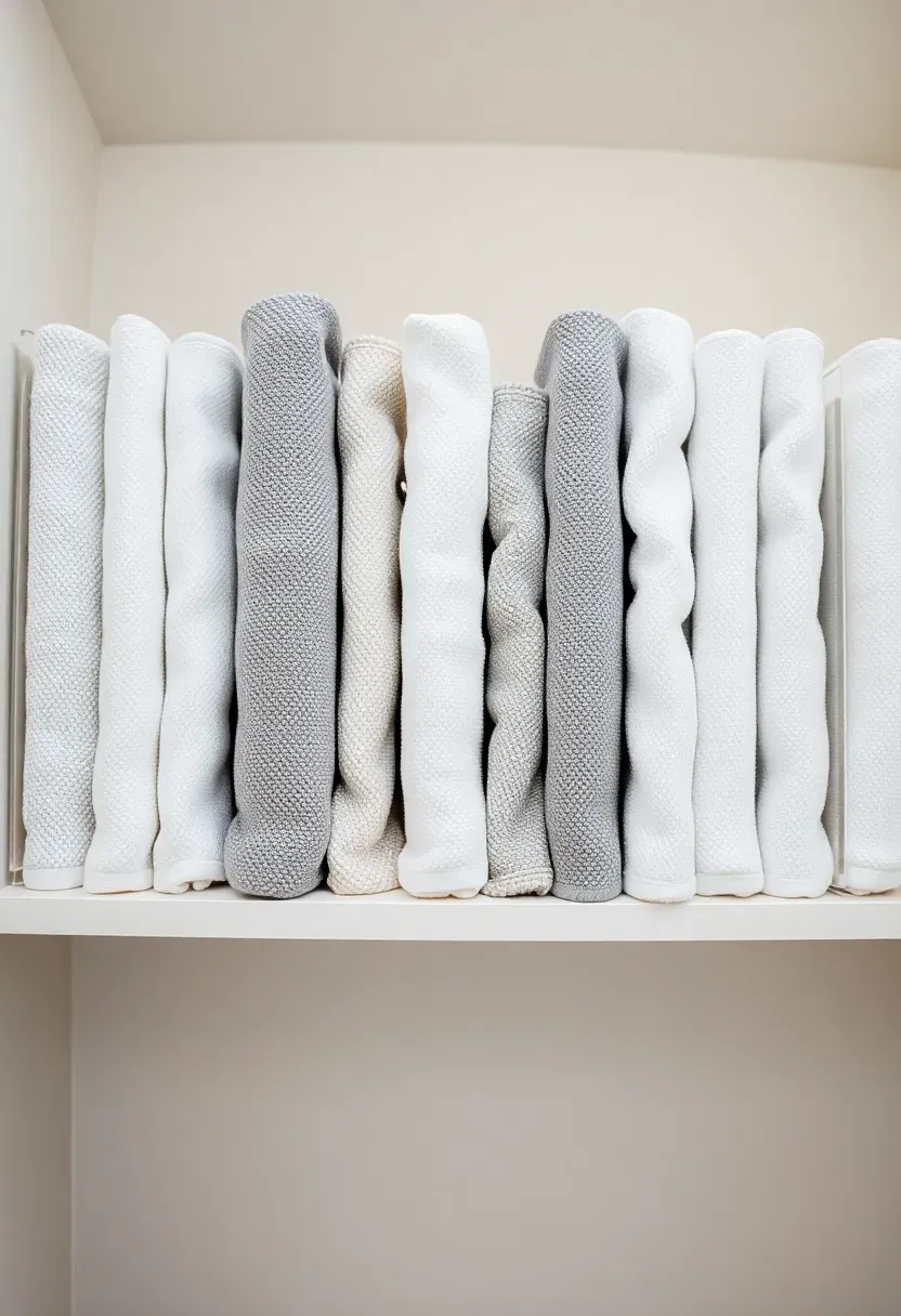 Bathroom closet shelf with towels filed vertically like books in alternating white and gray colors