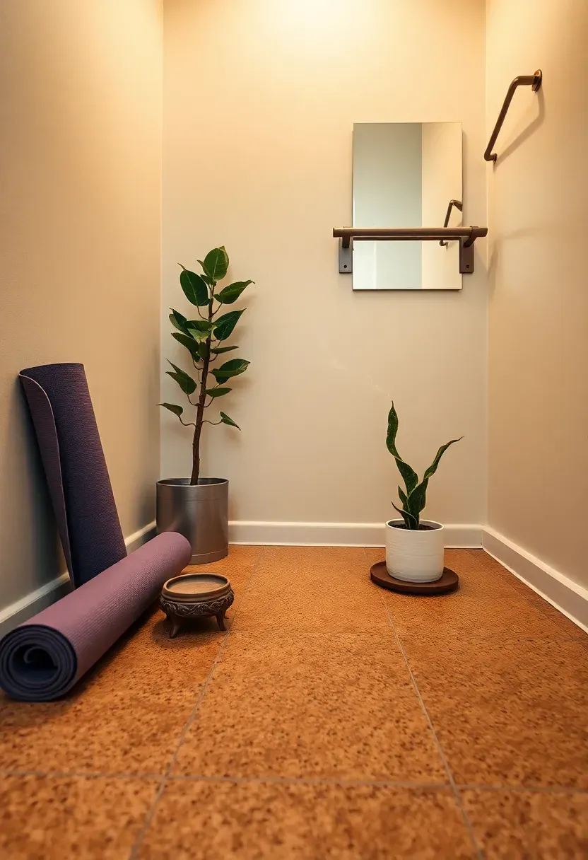 Peaceful basement yoga corner with cork flooring, a rolled mat, incense holder, and a small potted plant beside a wall mirror