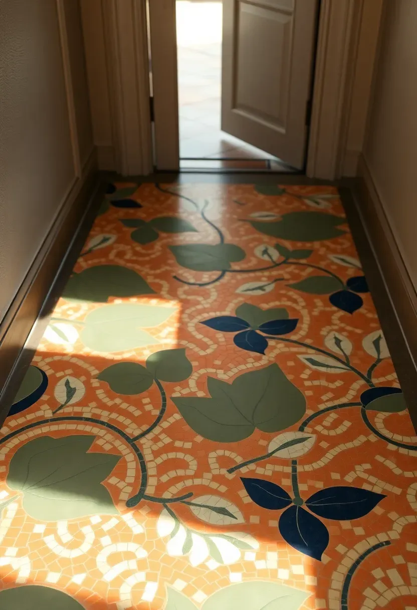Art Nouveau mosaic tile floor with organic flowing pattern in terracotta and sage green
