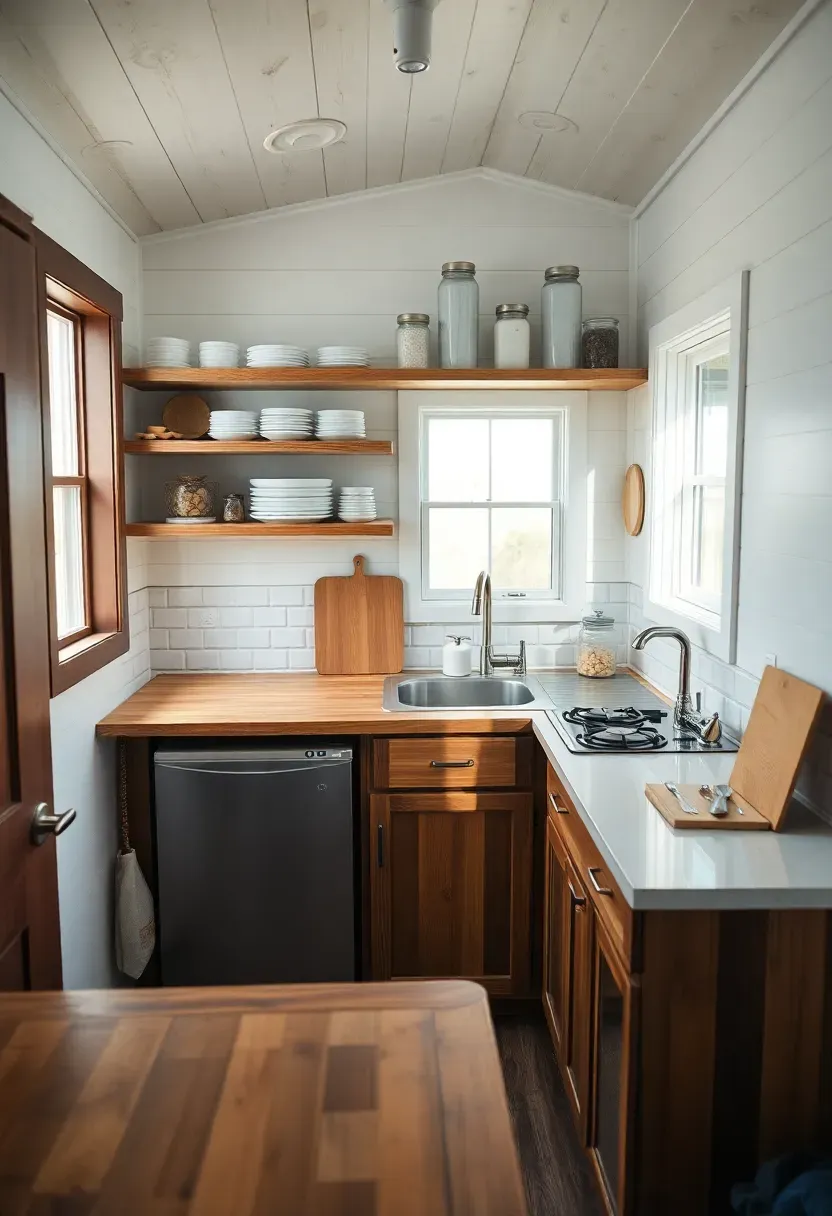 Hyper-realistic 3/4 view of a tiny house kitchen showing a compact but functional layout with butcher block counter, small stainless steel sink, two-burner propane cooktop, under-counter refrigerator, open shelving with white dishes and glass jars. Materials: reclaimed wood cabinets, quartz countertop, subway tile backsplash, brushed nickel fixtures. Warm diffused window light from left creating inviting glow on surfaces. Visible spice rack, cutting board, and minimalist decor. Composition shows efficient triangular workspace design. Cozy practical mood like HGTV tiny house feature. No text, no logos, no watermarks.</p>
