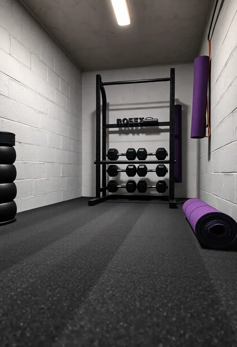 basement home gym area with durable rubber-backed carpet tiles in dark gray under weight equipment