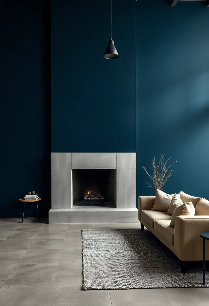 Hyper-realistic wide shot of minimalist industrial living room with navy blue walls, concrete flooring, concrete fireplace surround, beige linen sofa, black metal lighting fixtures. Materials: matte navy blue paint, polished concrete floor and hearth, beige linen sofa, black metal fixtures, gray wool rug. Soft natural daylight, subtle shadows emphasizing concrete texture against navy, urban and sophisticated atmosphere. Sharp contrast between navy and concrete surfaces, clean composition, no clutter, no text, no watermarks.</p>