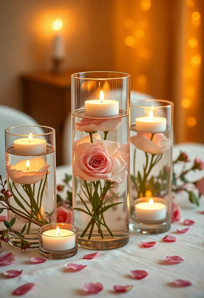 romantic floating candle centerpiece in a glass bowl with submerged flowers and greenery surrounded by rose petals on a baby shower dining table