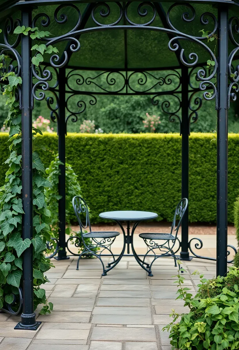 An ornate wrought iron gazebo with scrollwork arches, climbing ivy partially covering the frame, a stone floor, and a small bistro table with two chairs inside a formal English garden
