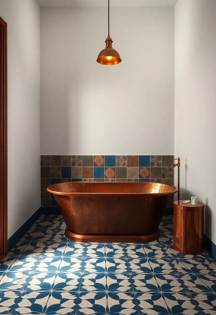Encaustic patterned cement tile floor in a bathroom geometric blue and white design freestanding copper tub focal point floor