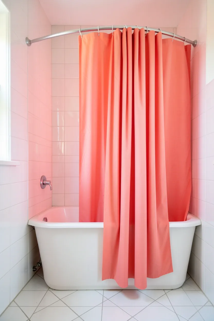 Coral pink fabric shower curtain hanging in a white apartment bathroom, affordable renter-friendly way to add bold pink color