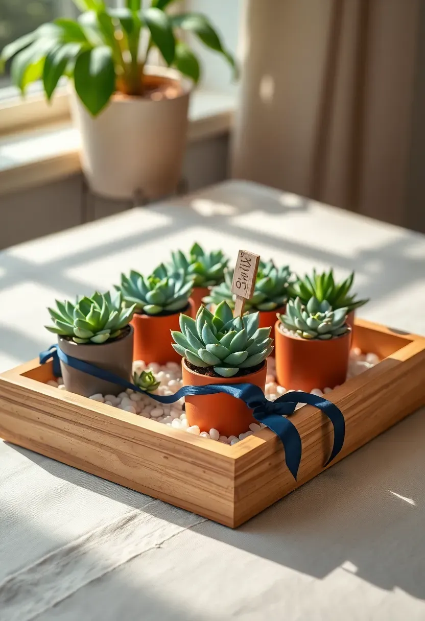 Succulent garden arrangement in a wooden tray with a small class year tag and graduation ribbon