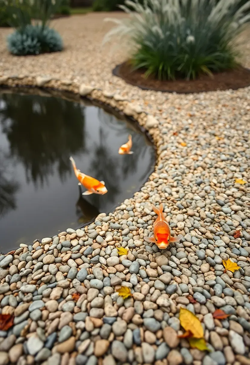 Naturalistic gravel-edged koi pond with gentle sloping banks, ornamental grasses, and koi near the surface