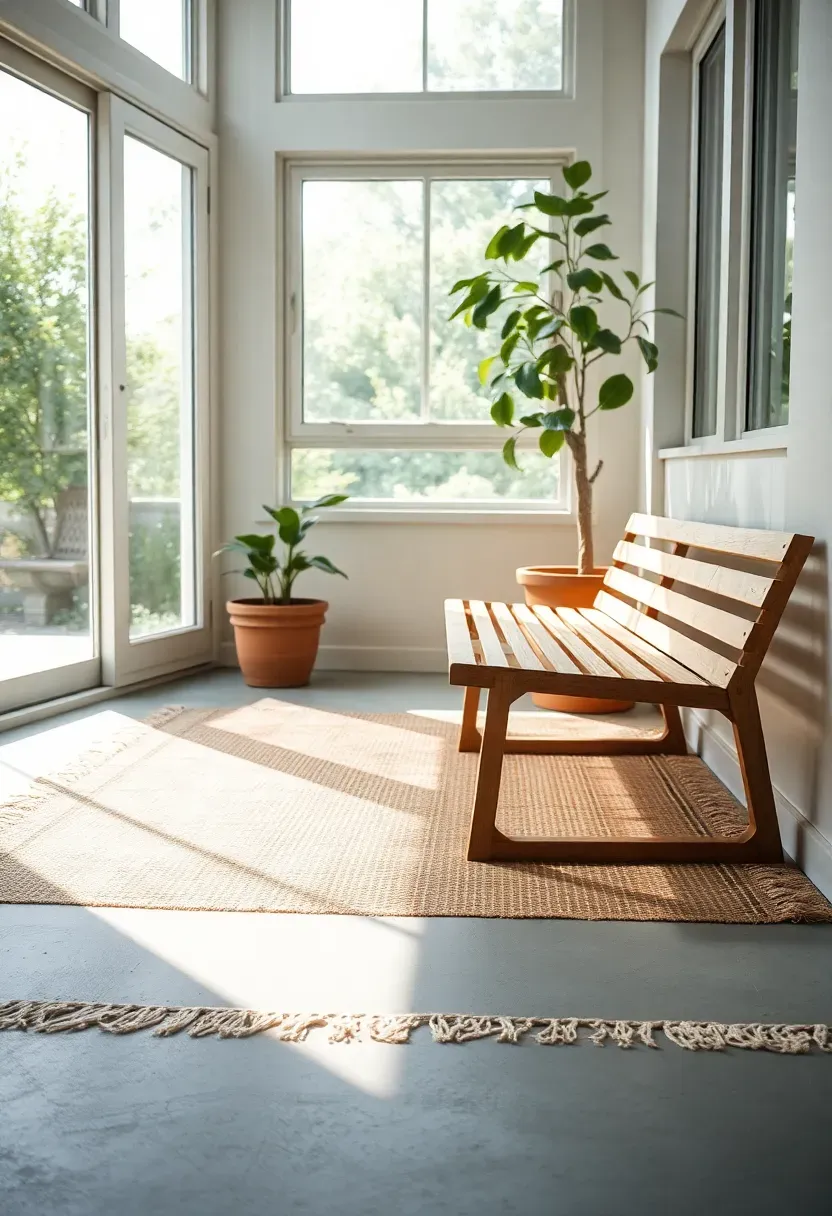 Small sunroom with painted gray concrete floor partially covered by a large natural jute rug with fringed edges, a simple wooden bench on the rug, potted fiddle-leaf fig in the corner, bright natural light