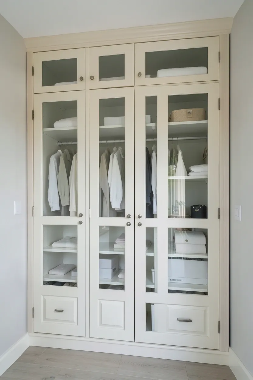 White wardrobe with glass doors displaying organized neutral-toned clothing in a serene renter-friendly bedroom