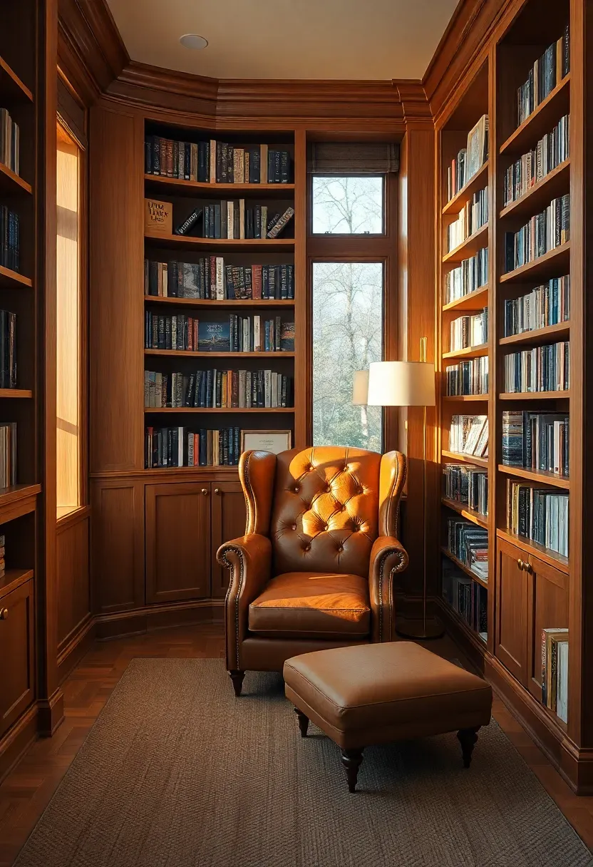 Hyper-realistic 3/4 view of a corner library with warm oak built-in shelves wrapping around two walls meeting at a corner. A tan leather wingback chair with matching ottoman sits in the corner space, with a floor lamp beside it. Shelves hold books arranged with bookends and a few displayed covers facing outward. Materials: white oak, leather, brass floor lamp, wool area rug. Warm golden hour light through nearby window, creating cozy shadows and highlighting leather texture. Intimate welcoming mood like a personal study retreat.</p>