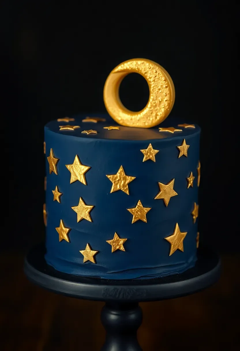 navy blue and gold baby shower cake with crescent moon fondant topper scattered gold stars and a deep midnight blue buttercream finish
