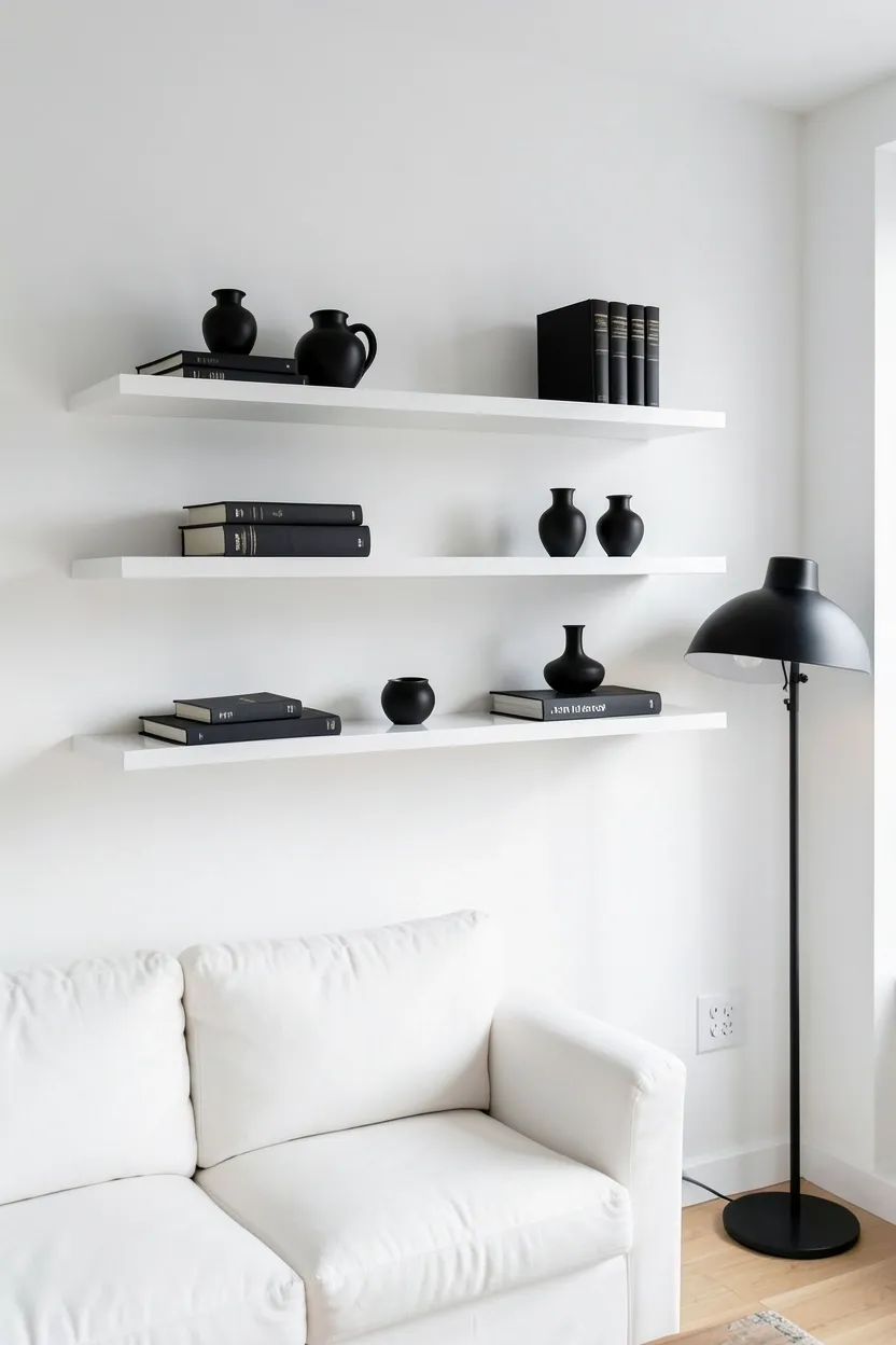 Floating white shelves styled with black ceramic vases, books, and small plants against a white wall in a minimalist rental living room