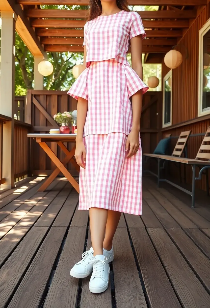woman in a pastel gingham co-ord set with white sneakers at a relaxed backyard baby shower