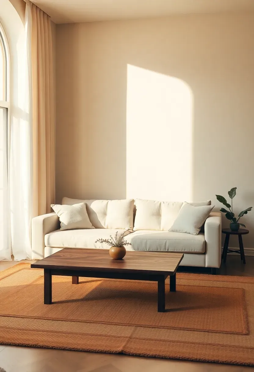 Hyper-realistic 3/4 view of a minimalist living room with buttercream walls, cream sofa, wood coffee table, warm rug. Materials: matte buttercream paint, cream linen, walnut wood, wool rug. Warm golden light, cozy cream-yellow shadows. Shallow depth of field, happy minimalist composition. No text, no logos, no watermarks.</p>
