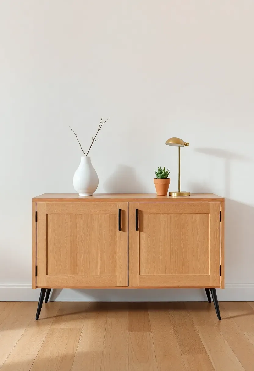 Hyper-realistic front shot of a light oak sideboard against a warm white wall. The piece features clean slab doors with integrated push-to-open hardware, slim matte black metal legs, and a low profile. On top: a small white ceramic vase with dried branch, a brass table lamp, and a potted succulent in a terracotta pot. Light oak flooring below. Minimal styling with intentional spacing between objects. Materials: oak wood, matte black metal, ceramic, brass. Soft natural lighting. Clean composition. No text, no logos, no watermarks.</p>