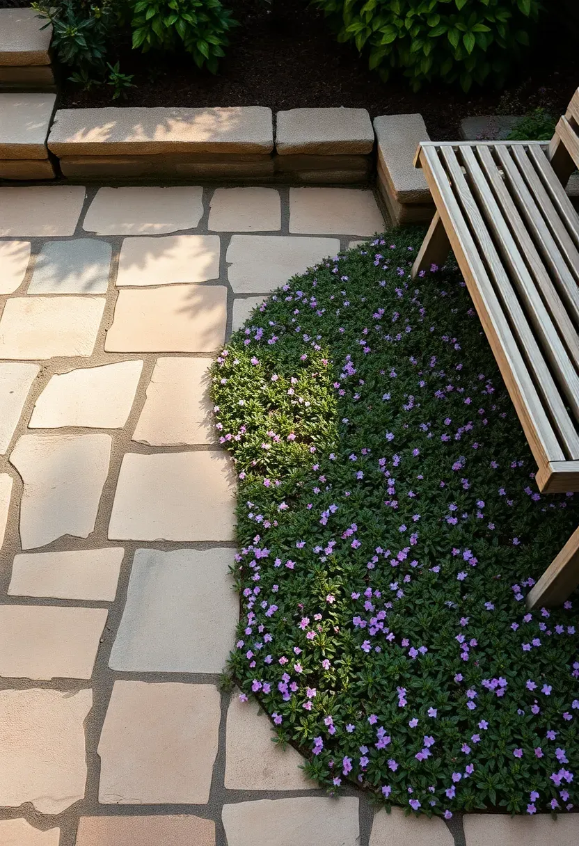 Irregular flagstone patio with creeping thyme growing between the joints and a wooden bench at the edge