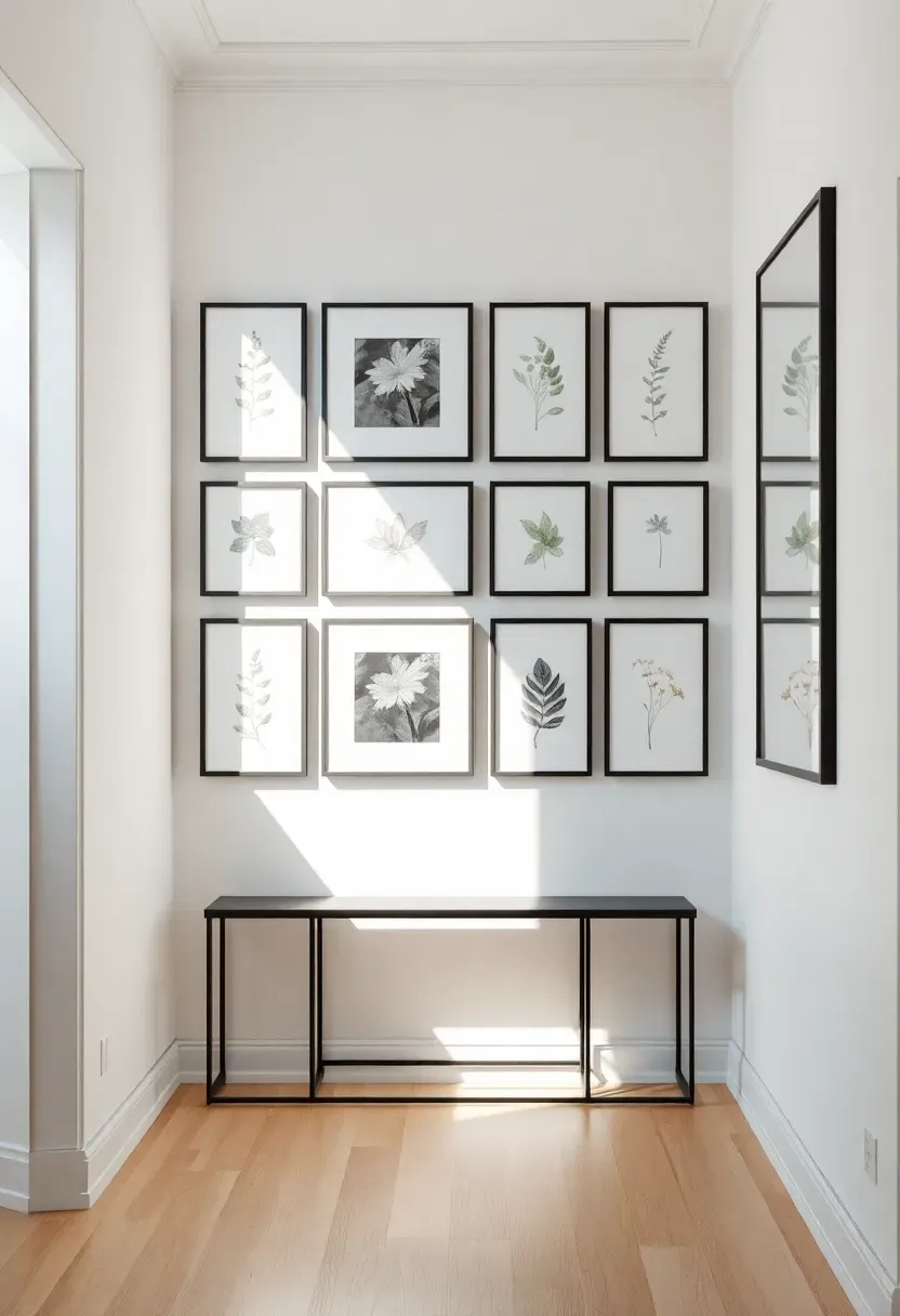 Symmetrical grid gallery wall with matching black frames displaying a mix of photography and botanical prints in a bright hallway