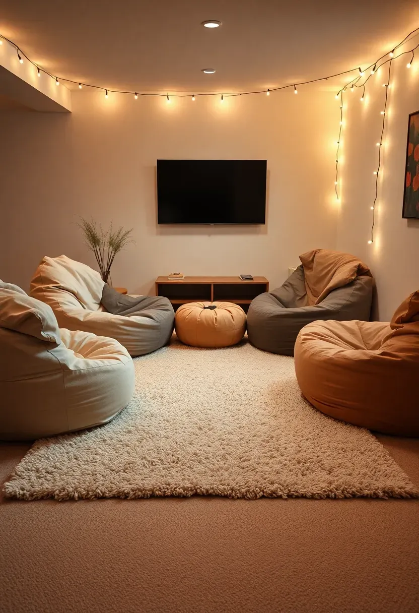 Basement floor covered with five oversized bean bag chairs in various neutral tones arranged in a semicircle facing a wall-mounted television, with a shaggy area rug underneath and string lights above