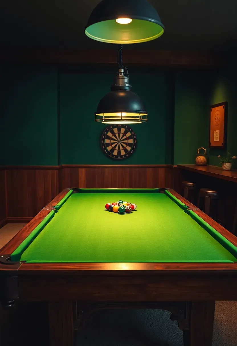Basement game room with a regulation pool table under low pendant lights, dartboard on wall, and leather bar stools