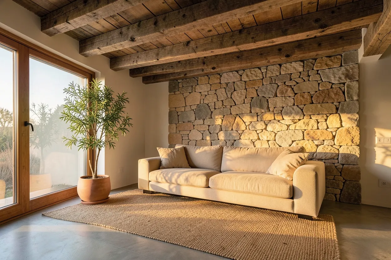 Modern rustic living room with reclaimed wood accents, stone fireplace, leather sofa, and jute rug — cozy nature-inspired apartment interior