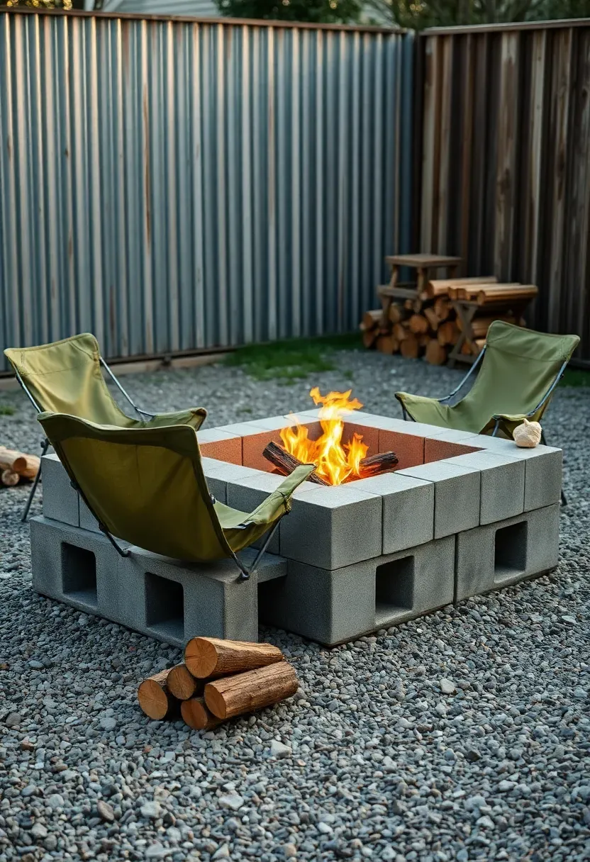 DIY cinder block fire pit on gravel pad with olive green camp chairs, split firewood, and active flames at golden hour
