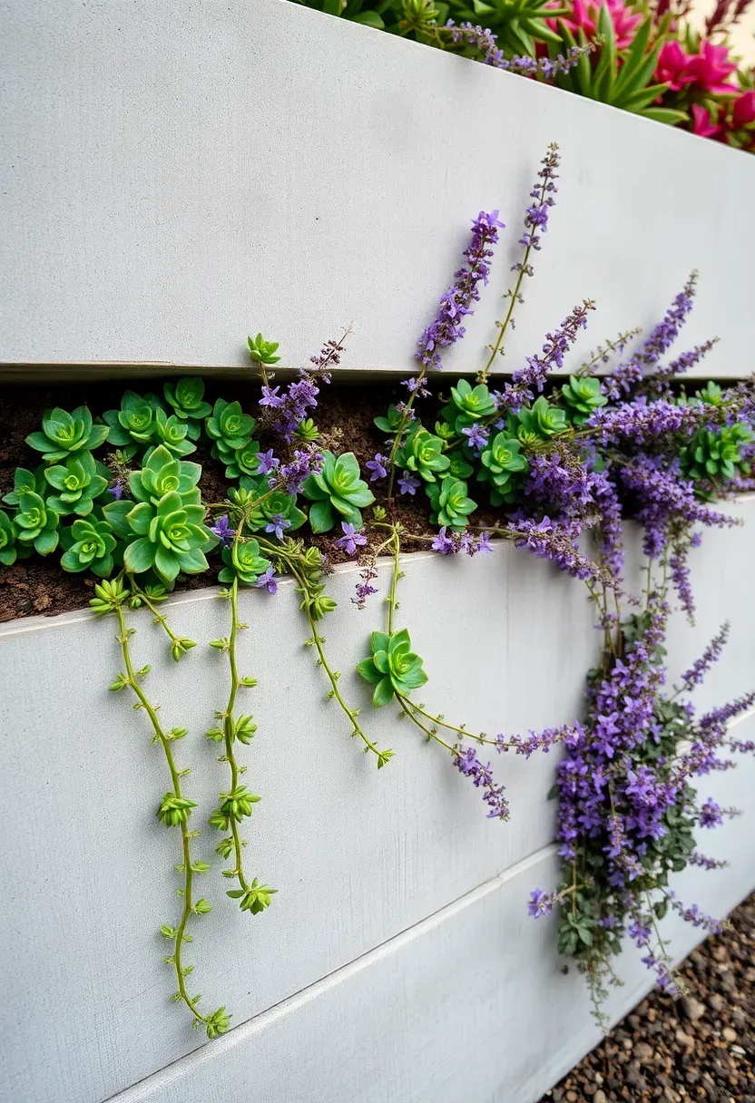 Concrete retaining wall with built-in rectangular planter pockets overflowing with trailing succulents and purple flowering plants