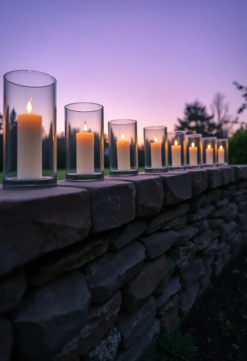 Glass hurricane lanterns with thick pillar candles placed along a low stone retaining wall in a garden at dusk with warm flickering light