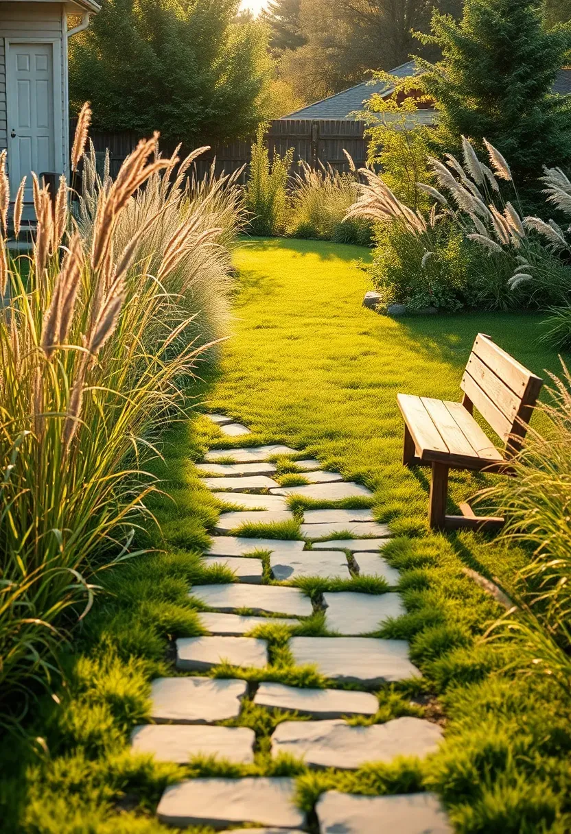 Backyard with a diagonal flagstone pathway cutting across a lawn from the back door to a far corner seating area with ornamental grasses on both sides