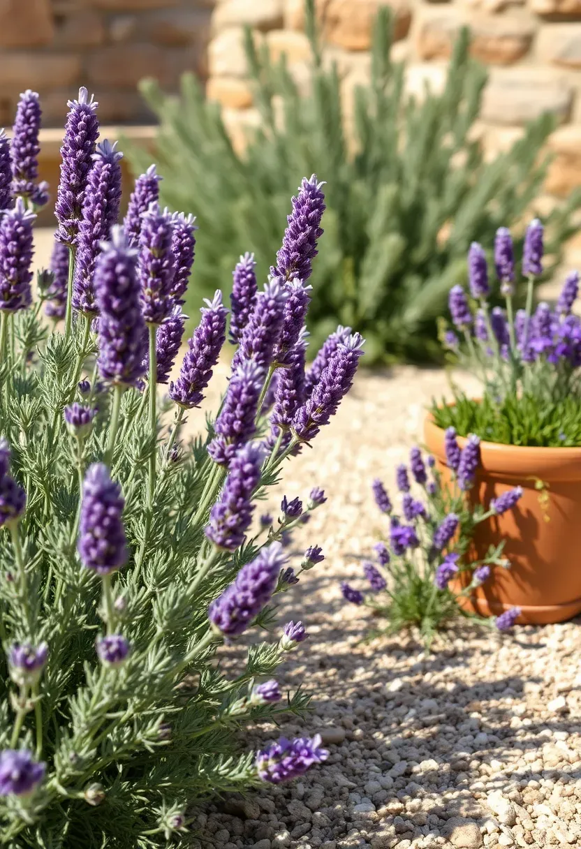 A Mediterranean-style flower bed with lavender, rosemary, and salvia bordered by pea gravel and terracotta pots in warm sunlight