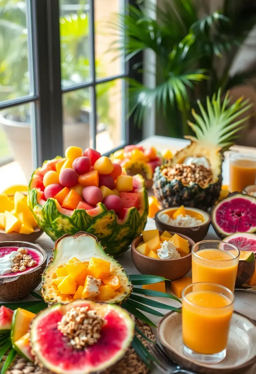 tropical fruit baby shower brunch with carved watermelon basket pineapple boats dragon fruit coconut bowls and colorful fruit skewers on a palm leaf decorated table