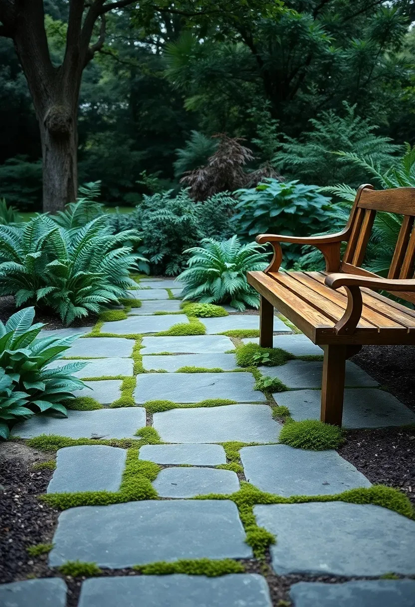 An irregular flagstone patio with creeping plants growing between the joints in a shady backyard garden, surrounded by ferns and a weathered wooden bench