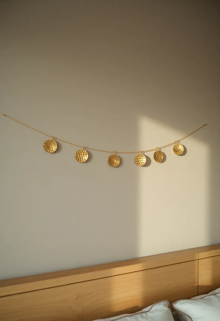 Delicate moon phase garland made of hammered gold metal discs strung on a thin wire across a bedroom wall