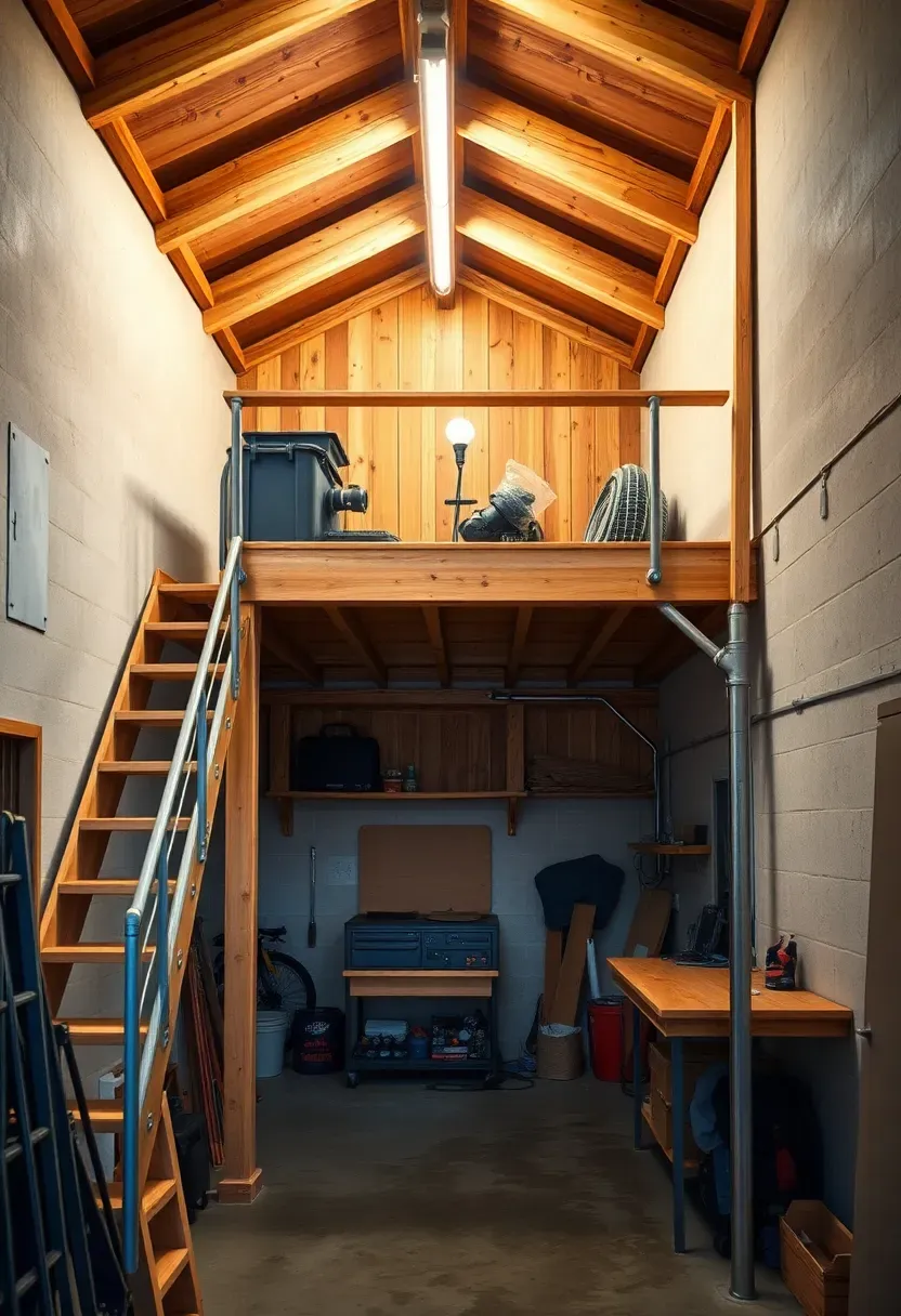 Garage workshop with a mezzanine level above the main floor, accessible by stairs, used for storage and a small office area