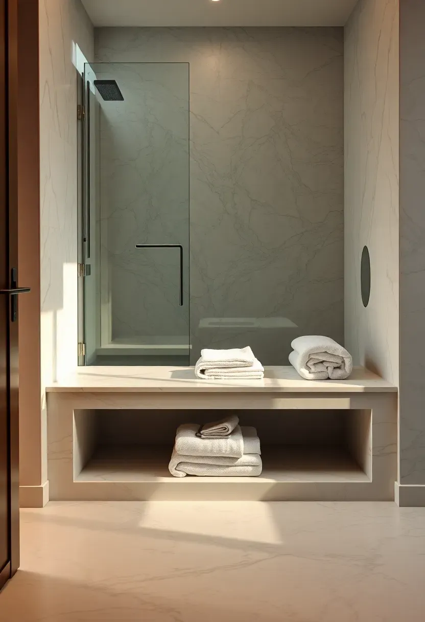 Built-in tiled shower bench with under-bench towel storage niche in a modern luxury bathroom designed for spa-like comfort
