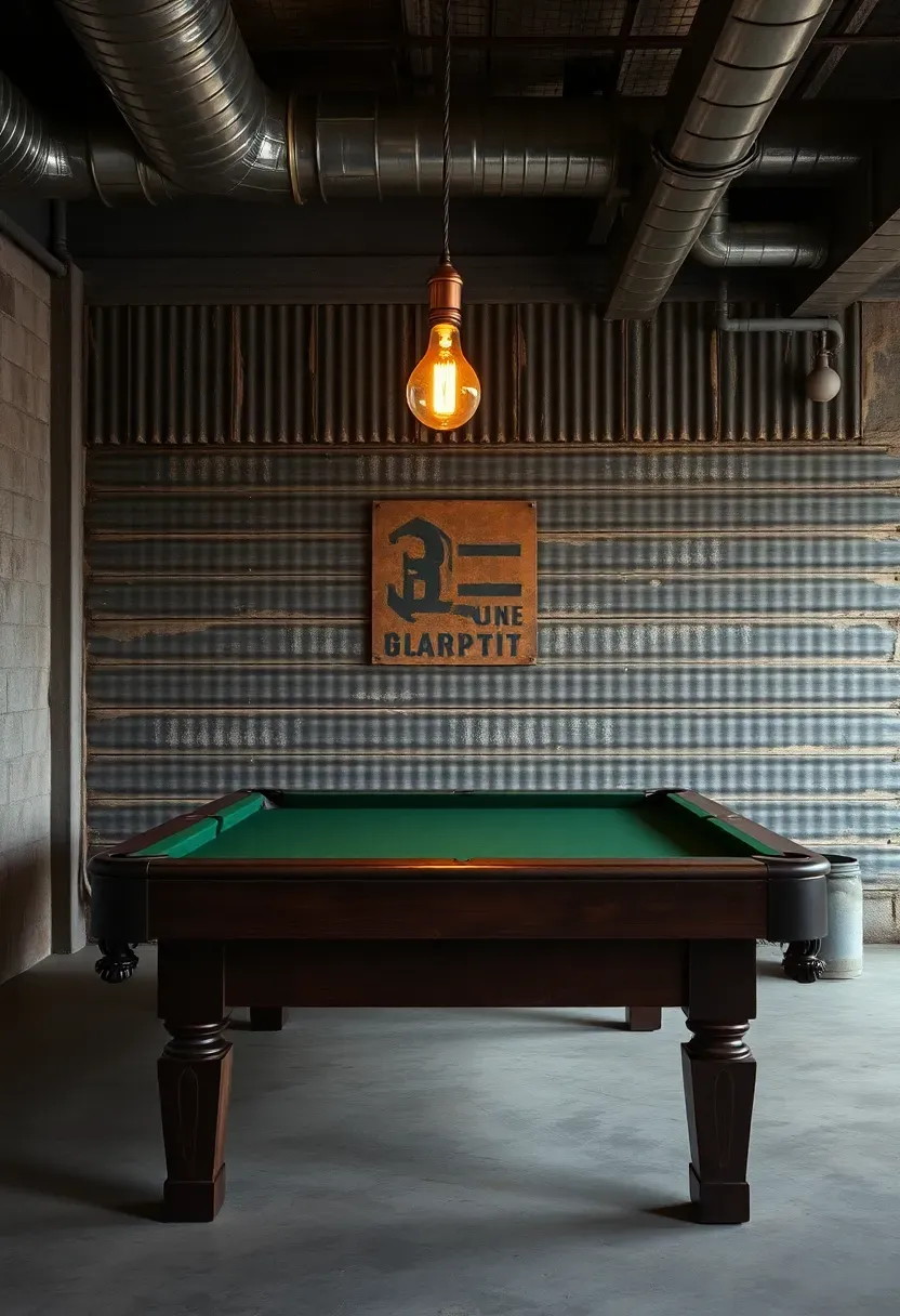 Corrugated metal panel accent wall with weathered patina finish behind a pool table in a rustic industrial basement
