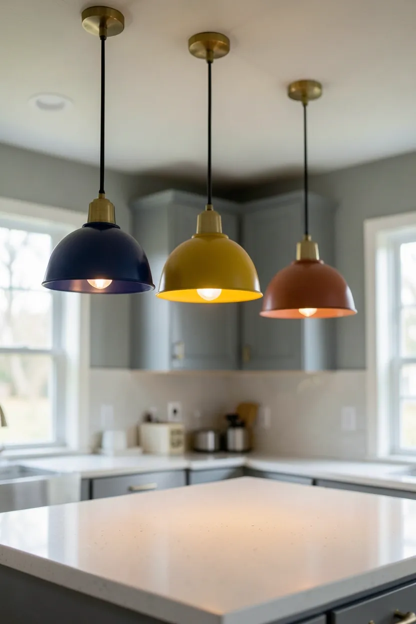 Colorful pendant lights in varying heights