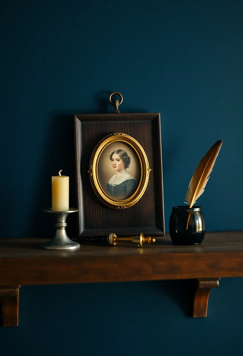Colonial-era portrait wall shelf on deep Colonial blue wall — dark cherry wood shelf with gilded oval portrait miniature, pewter candle holder, and a quill pen in a dark glass inkwell